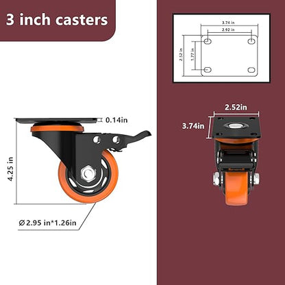 3 Inch Caster Wheels,Orange Casters Set of 4, Heavy Duty Casters with Brake 2300 Lbs, Locking Industrial Swivel Top Plate Casters Wheels for Furniture and Workbench Cart(Two Hardware Kits Include)