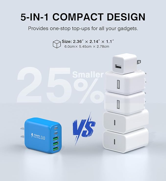 2-Pack USB C Wall Charger Block,60W 5-Port C Charger Fast Charging Block PD Power Adapter +QC 3.0 Multiport Type C Box Charger Cube USB A Wall Plug for iPhone 14/15/16/17 Pro Max,Samsung Galax