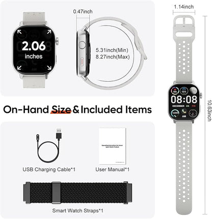 Fitness Tracker Smartwatch for Women & Men, Built-in GPS, 2.06" AMOLED for Calls, Heart Rate Blood Oxygen Sleep Monitor, 170+ Sport Modes, Waterproof with 2 Bands (Silver)