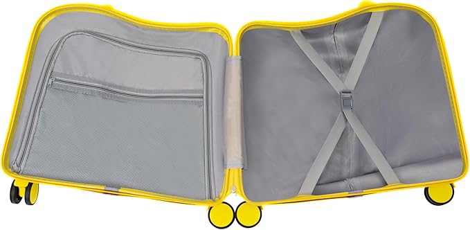 18" Ride-On Kids Suitcase with Double Spinner Wheels, Lightweight Tow-Along Luggage Carry-on Hardside Trolly Case with Password Lock, Rolling Children's Travel Luggage for Travel, School (Yellow)