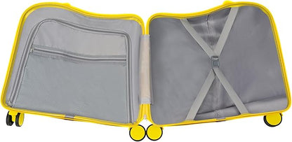 18" Ride-On Kids Suitcase with Double Spinner Wheels, Lightweight Tow-Along Luggage Carry-on Hardside Trolly Case with Password Lock, Rolling Children's Travel Luggage for Travel, School (Yellow)