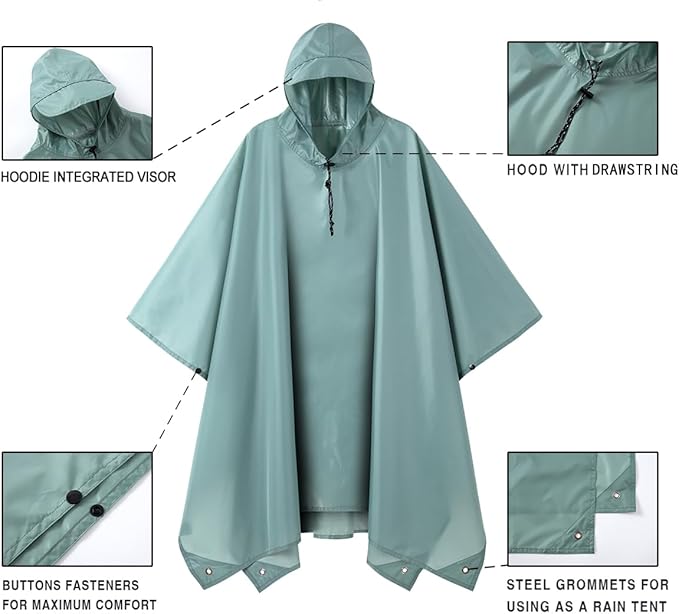 Hooded Rain Poncho for Adult, Waterproof Lightweight Raincoat for Hiking Camping