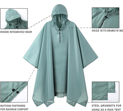 Hooded Rain Poncho for Adult, Waterproof Lightweight Raincoat for Hiking Camping