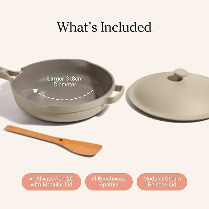 Our Place Large Always Pan | 12.5" Ceramic Pan with Modular Lid & Beechwood Spatula | Patented 10-in-1 Nonstick, Non-Toxic Cookware Made Without PFAS | Induction & Oven-Safe up to 450°F | Steam