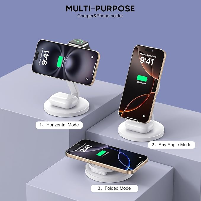 3 in 1 Foldable Magnetic Wireless Charging Station,iPhone Mag-Safe Charger,15W Fast MagSafe Charger Stand for Apple iPhone16Pro Max/16 Pro/15 ProMax/14/13/12,Apple Watch Ultra/2/SE to S9,AirPods Pro 3
