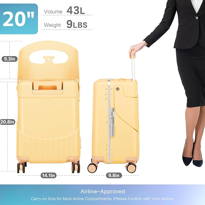 smilesun 20" Carry On Luggage with Seat For Kids & Adults，Hardside Ride On Suitcase with 360°Spinner and TSA Lock For Travel (Yellow, 20")