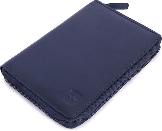 ALLEN & MATE 100% Leather Passport Holder for Women & Men - RFID Blocking Travel Document Organizer with Credit Card & SIM Slot, Slim Genuine Leather Wallet for Travel Essentials, Navy Blue