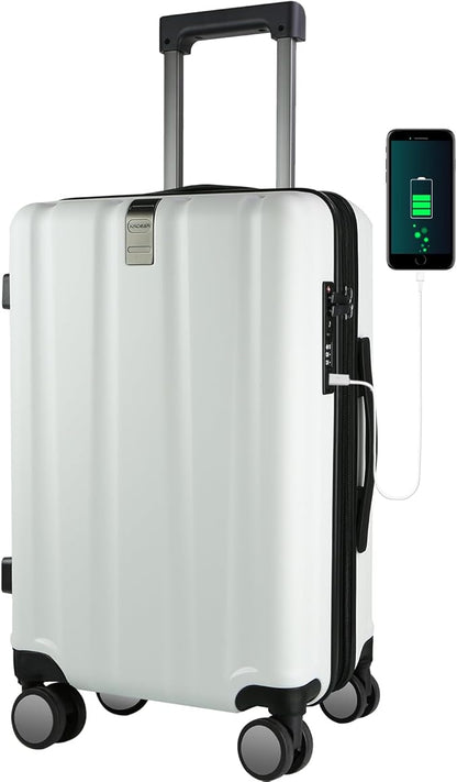KROSER Hardside Expandable Carry On Luggage with Spinner Wheels & Built-in TSA Lock, Durable Suitcase Rolling Luggage with USB Port, Carry-On 20-Inch, White