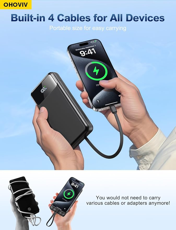 Portable Charger Power Bank 50000mAh Battery Pack, 22.5W Fast Charging PowerBank with Built in Cables,Travel Camping Essential USB-C Portable Phone Charger for iPhone Samsung Pixel Android iPad