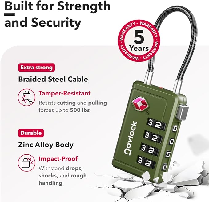 TSA Approved Luggage Locks | Inspection Indicator, 4-Digit Combination, Durable Zinc Alloy | for Suitcases, Backpacks, Travel Bags | Green, 2-Pack