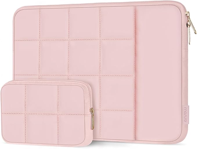 MOSISO 15-16 inch Laptop Case, 15.6 inch Puffy Laptop Sleeve Compatible with MacBook Pro 16 M4 M3 M2 M1, HP Acer Dell Lenovo Notebook, Twelve Square Quilted Bag with Vertical Pocket&Small Case, Pink