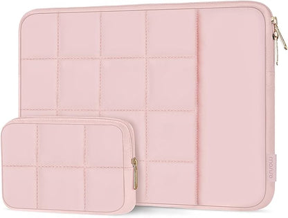 MOSISO 15-16 inch Laptop Case, 15.6 inch Puffy Laptop Sleeve Compatible with MacBook Pro 16 M4 M3 M2 M1, HP Acer Dell Lenovo Notebook, Twelve Square Quilted Bag with Vertical Pocket&Small Case, Pink