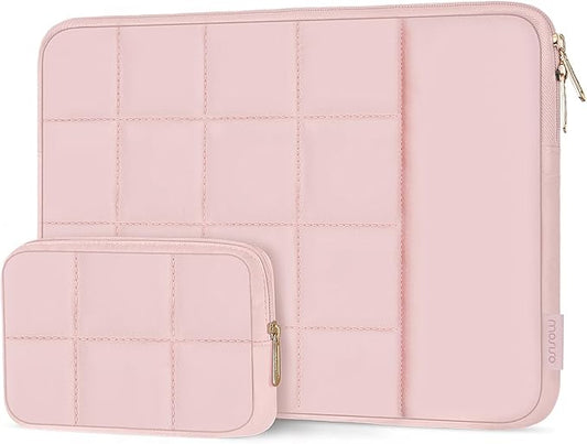 MOSISO 15-16 inch Laptop Case, 15.6 inch Puffy Laptop Sleeve Compatible with MacBook Pro 16 M4 M3 M2 M1, HP Acer Dell Lenovo Notebook, Twelve Square Quilted Bag with Vertical Pocket&Small Case, Pink