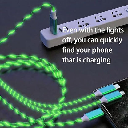 USB Cable PD Fast Charger Lighted Up (USB 3IN1 Green),Phone Data Cable, Flowing Light Charging Cable, 39-inch, TPE Material, Compatible with Almost All Phones, Tablets, and Headphones.