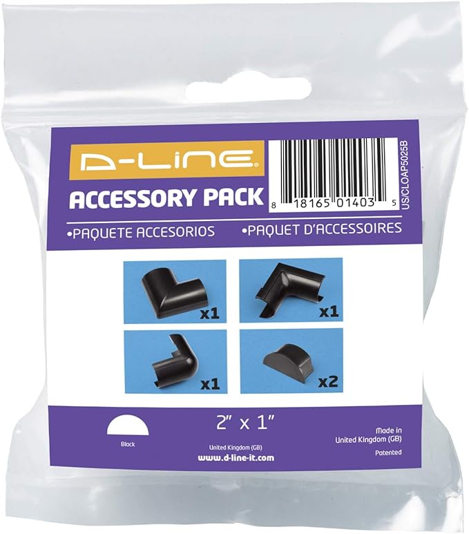 D-Line Large Cable Raceway Accessory Pack, Join 2in x 1in Cord Cover Lengths, 5 Accessories Included, Hide Cords Around a Variety of Angles - Black