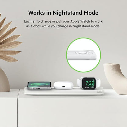 Belkin MagSafe 3-in-1 Wireless Charging Pad - Fast Charging for Apple Watch, iPhone 17, 16, 15, 14 Series, AirPods, & More - MagSafe Charging Station for Multiple Devices White (Certified Refurbished)