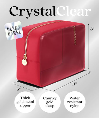 Embla Clear Cosmetic Bag Makeup Case, Clear Zipper Make Up Pouch and Toiletry Travel Tote, Cute Skincare Pouches for Women Girls, Preppy Purse Cosmetic Organizer, Large Makeup Bags, Ruby Red