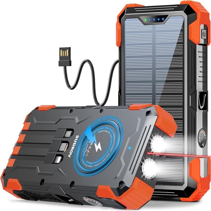 Solar Charger Power Bank, 42800mAh Wireless Portable Charger with USB-C in/Output, QC3.0 Fast Charging 15W 4 Ports Outdoor Battery Pack Built-in LED Flashlight, for iPhone, Galaxy, iPad etc