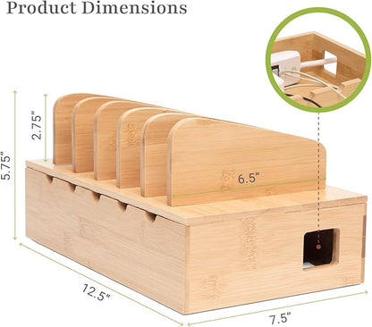 Prosumer's Choice Wooden Charging Station Organizer - 5-Port Base for Phones, Tablets and Laptops - Multi-Device Docking Station with Removable Divider Slots - Cord Box with Cable Management - Bamboo