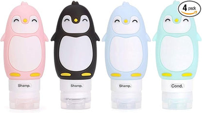 AUTENS Leakproof Silicone Travel Bottles Accessories Set,3oz (90ml) 4 Pack Refillable Cute Penguin Travel Containers for Shampoo,Lotion Sunscreen ect. - TSA Approved & BPA Free