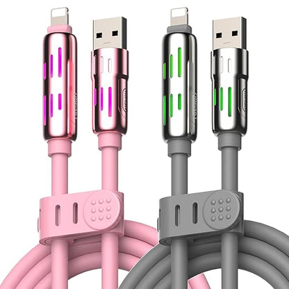 MFish 240W 4-in-1 Universal USB Charging Cable [2 Pack, 6.6ft] – Fast Charger Cord with USB-A, Dual USB-C & Lighting, for iPhone 14/15/16/17 Series, iPad & MacBook & More (2PACK, Pink+Grey, 6.6Ft)