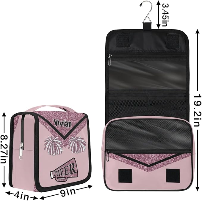 Custom Name Cheer Toiletry Bag Travel Bag with Hanging Hook, Makeup Cosmetic Bag Travel Full Sized Container Organizer for Shampoo, Toiletries, Dark Pink Glittering Cheerleading