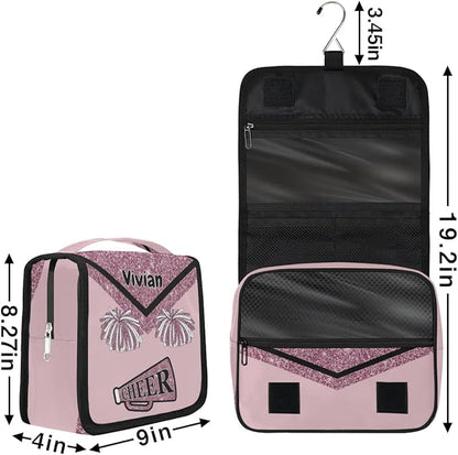 Custom Name Cheer Toiletry Bag Travel Bag with Hanging Hook, Makeup Cosmetic Bag Travel Full Sized Container Organizer for Shampoo, Toiletries, Dark Pink Glittering Cheerleading