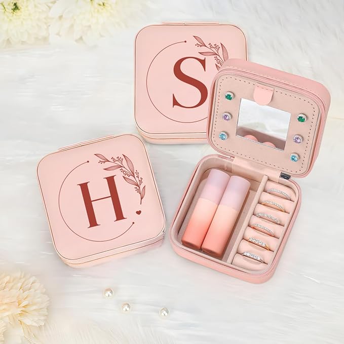 SANDJEST Personalized Jewelry Box, Pink Small Travel Jewelry Box with Initial H, Monogrammed Jewelry Case Organizer for Girls Women Teen, Mini Travel Essentials Gifts for Christmas Birthday