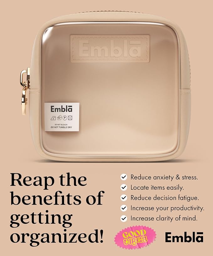Embla London Makeup Bag Cosmetic Case, Clear Zipper Make Up Pouch and Toiletry Travel Tote, Cute Skincare Pouches for Women Girls, Preppy Purse Cosmetic Organizer, Mini Makeup Bags, Sand