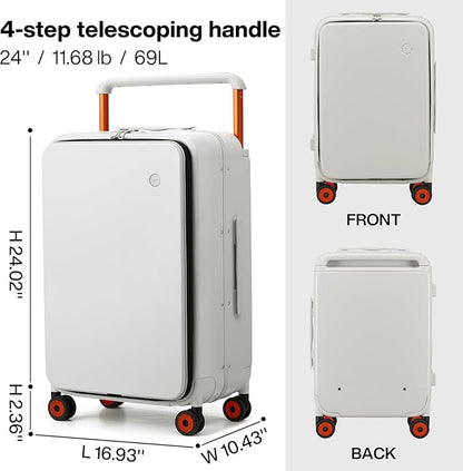 mixi Checked Luggage Wide Handle Luxury Design Rolling Travel Suitcase PC Hardside with Aluminum Frame Hollow Spinner Wheels, with Cover, 24 inch, Smoke White