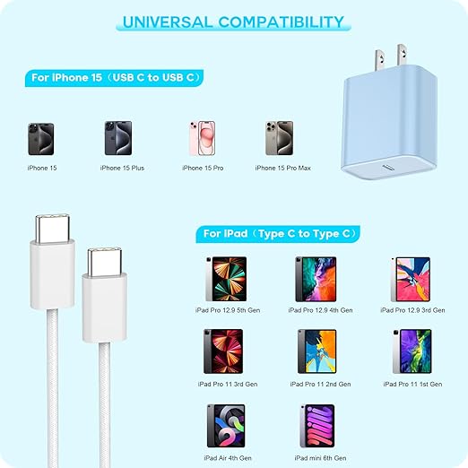 [3Pack]20W USB C Fast Charger iPhone 17 16 Fast Charging, Apple 17 Charger Block 6ft C to C Long Charging Cable Cord for iPhone 17/16e/16 Pro/16 Pro Max/iPhone 15 Series/iPadAir/Mini(Pink+Blue+Purple)