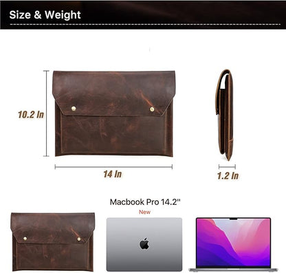 Top Grain Leather 14.2" Laptop Sleeve Bag, Magnet Snap Button Design & 3 Pockets, Compatible with MacBook Pro/Air 14"/13.3"/13.6" 2021 2022 M1 Pro/M1 Max A2442 & Other PC, Coffee 14.2 Inch