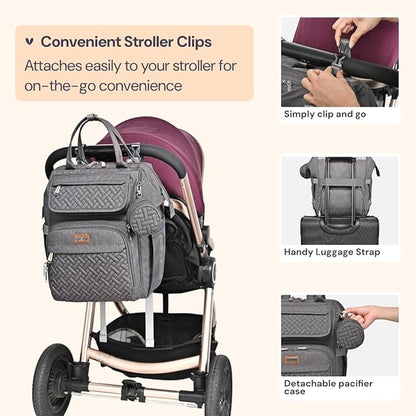 BabbleRoo Diaper Bag Backpack, Multifunction Large Bags with Changing Pad & Stroller Straps & Pacifier Case, Unisex Stylish Travel Back Pack Nappy Changing Bag for Moms Dads (Dark Gray)