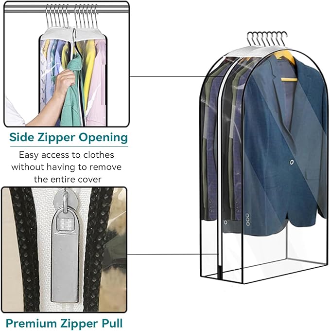 10” Gusseted Clear Garment Bags, 40” Hanging Suit Bags for Closet Storage - Protect Clothes, Suits, Coats, Dresses - 3 Pack (60 inch)