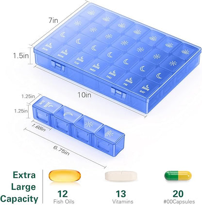 XL Pill Organizer 4 Times a Day, BUG HULL Extra Large Weekly Pill Box Case, 7 Day Vitamin Container Daily Pill Holder for Cod-liver oil, Vitamins, Supplements (Royal Blue)