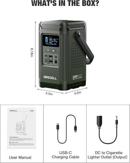 GRECELL 240W Portable Power Station LiFePO4 Battery, 154Wh Dual Way 100W USB-C PD, Portable Power Bank with Integrated Stand, Solar Generator for Outdoors, Camping, Travel (Wall Charger Not Included)