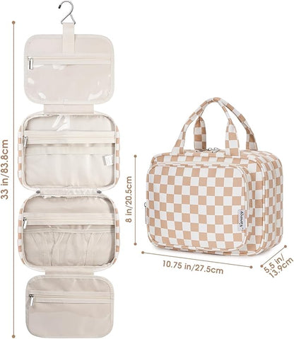 Narwey Hanging Toiletry Bag for Women Travel Makeup Bag Organizer Toiletries Bag for Travel Size Essentials Accessories Cosmetics (Light Checkerboard (Medium))