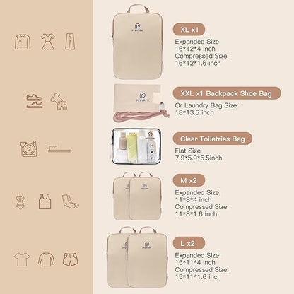 Lightweight Compression Packing Cubes for Suitcases, Compressible Expandable Travel Packing Organizer with Clear Toiletries and Backpack Bag, Travel Essentials for Carry on Luggage 7 Set