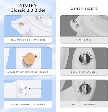 TUSHY Classic 3.0 Bidet | Slim Universal Toilet Seat Attachment. Simple Install <10 Minutes. Non-Electric Self Cleaning Water Sprayer with Adjustable Pressure Nozzle and Angle Control (Biscuit/Bamboo)