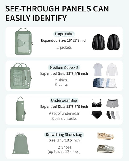 ECOHUB 5 Set Compression Packing Cubes for Suitcases Organiser Bags Set Travel Essentials with Shoe Bags for Travel Tear-resistant Travel Accessories with ID Tag Expandable Packing Bags(Green)