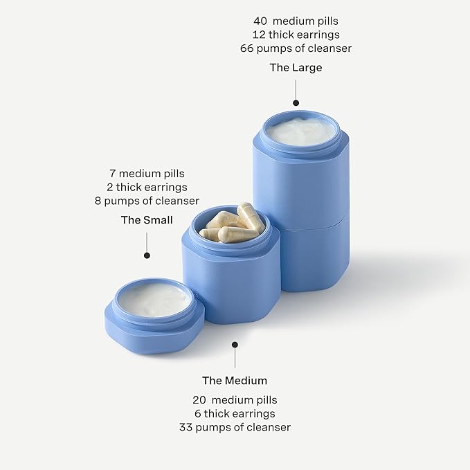 Cadence Travel Containers - 6 Piece Body Care Set - Magnetic Travel Capsules for Women/Men - 2 Small & 4 Medium Capsules - Lotion, Body Wash, Sun Icon, Hand Cream, Lotion, Body Oil Labels - Sand