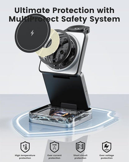 3-in-1 Wireless Charger for iPhone,15W Fast Wireless Charging Station Compatible with Mag-Safe Charger,Magnetic Foldable Travel Charger Stand Nightstand for iPhone 17/16/15/14,Apple Watch&AirPods