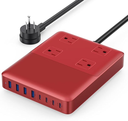 12-in-1 Charging Station USB C Power Strip with 5ft Cord,200W GaN IV USB C Charger Block,4 AC Outlets,8 USB for MacBook,iPhone 16/15/14,Fast Charging Desktop Charger for Office (Red)