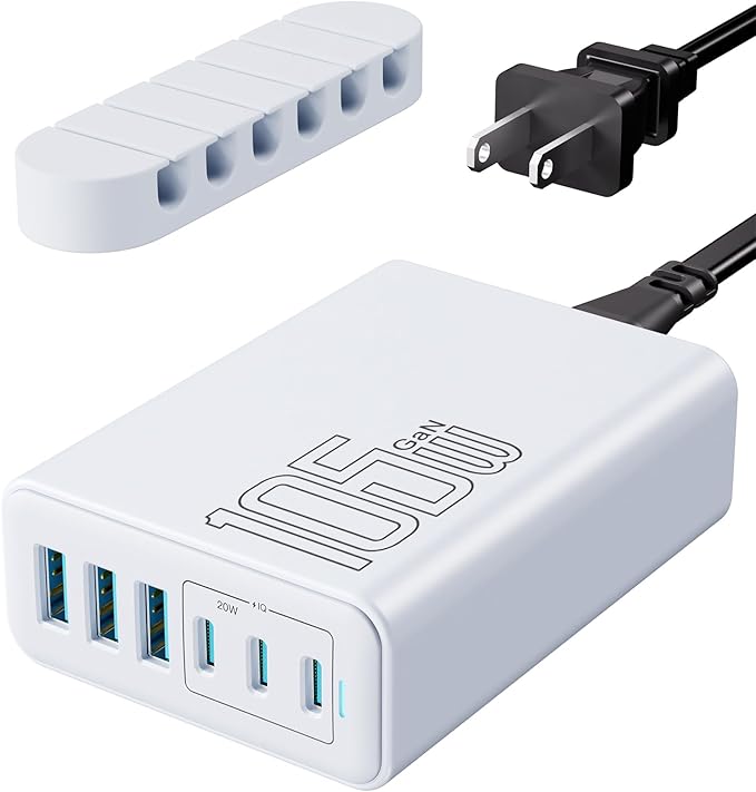 USB C Charger Block, 105W Max GaN 6-Port Fast Desktop Charging Station, Wall Charger Power Strip Adapter Plug for iPhone 17/16/15, iPad, Samsung and More (Cable Organizer Included)