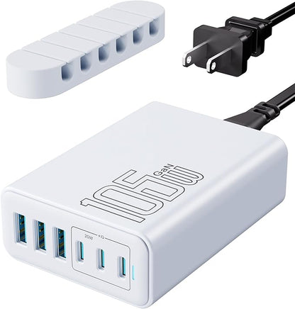 USB C Charger Block, 105W Max GaN 6-Port Fast Desktop Charging Station, Wall Charger Power Strip Adapter Plug for iPhone 17/16/15, iPad, Samsung and More (Cable Organizer Included)