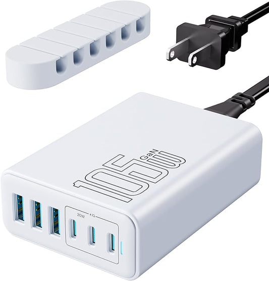 USB C Charger Block, 105W Max GaN 6-Port Fast Desktop Charging Station, Wall Charger Power Strip Adapter Plug for iPhone 17/16/15, iPad, Samsung and More (Cable Organizer Included)