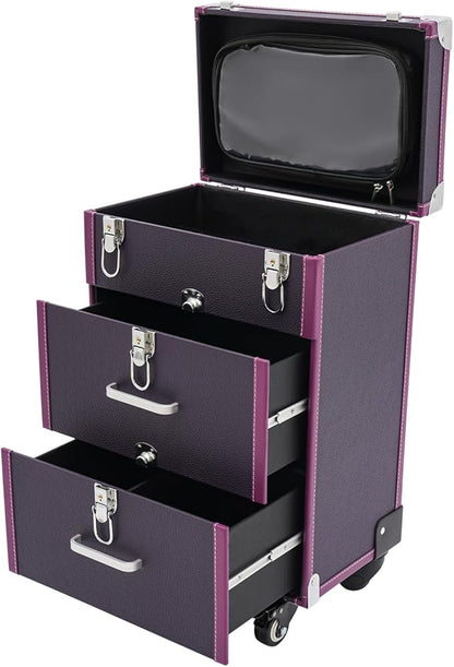 Rolling Makeup Case w/ 2 Keys, 3-tier Lockable Makeup Train Case w/ Drawers, Removable Baffle Nail Polish Organizer, Travel Cosmetic Case w/ 17.7in Telescopic Rod, 14.1*9*22.4in, Silver Latch+Purple