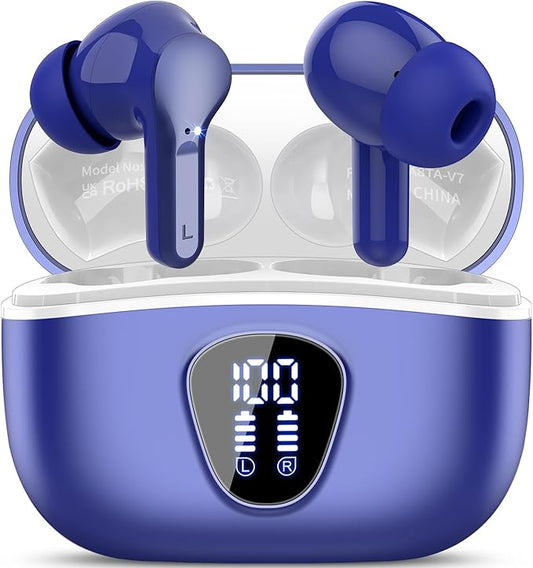 Wireless Earbuds, Bluetooth 5.4 Headphones HiFi Stereo, Bluetooth Earbuds with ENC Noise Cancelling Mic, IP7 Waterproof in Ear Earphones, 48H, LED Display Ear Buds for Pad Phones Workout Sports, Blue
