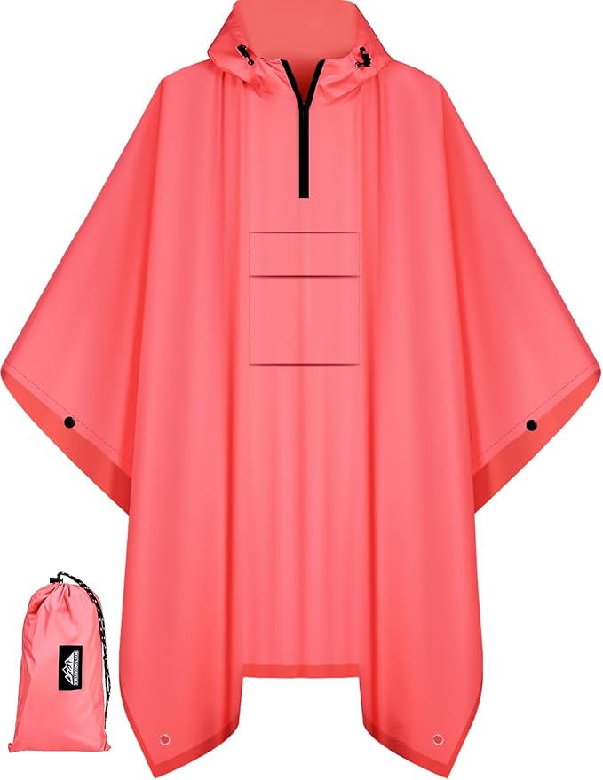Bruvoalon 3-in-1 Rain Poncho with 1/4 Zip & Chest Pocket, Waterproof, Sunshade, Ground Mat for Adults & Youth Emergency