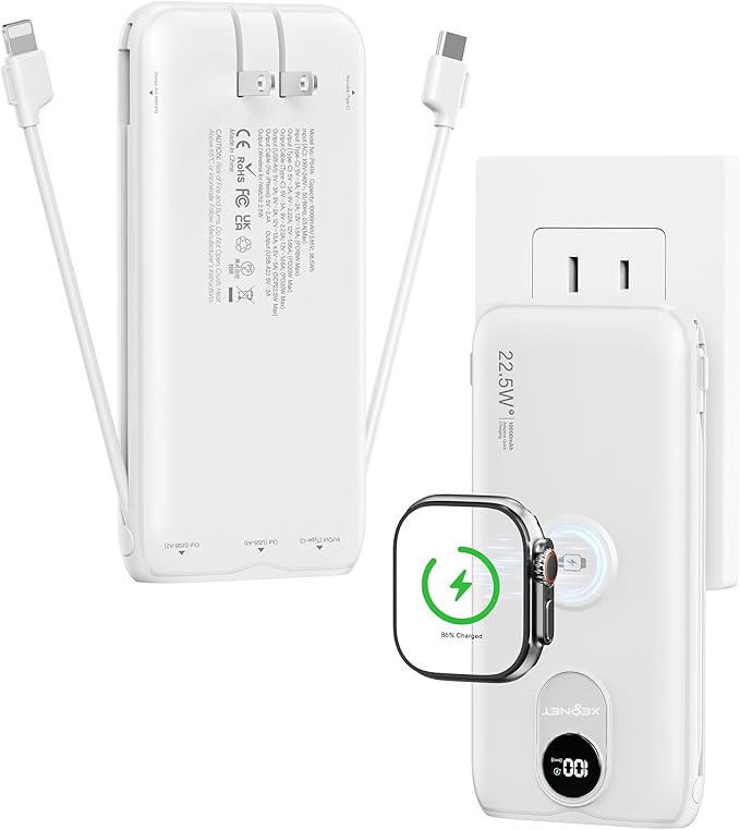 Portable Charger, 10000mAh 22.5W Fast Charging Power Bank with Built in Cable & Wall Plug, Travel Essential Battery Pack with LED Display, External Charger for iPhone 17/16, iWatch 11/10/9/8/Ultra/SE